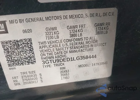 2020 GMC Sierra 1500 4Wd Short Box Slt from USA, damaged, VIN 3GTU9DED1LG358444